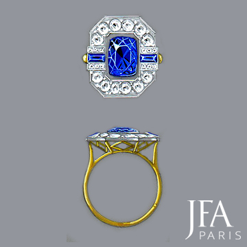 Bague en or jaune et platine sertie d'un saphir et d'un entourage de diamants et de deux baguettes de saphirs ajustées sur oeuvre.

Belle bague de fiançailles