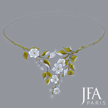 Collier réalisé dans l'esprit Art-Nouveau, serti des perles et de diamants. En or jaune et platine