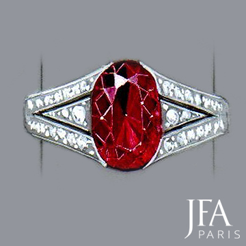 Le luxe du dessin gouaché pour réaliser une belle bague de fiançailles.

Belle bague sertie d'un rubis et de diamants.