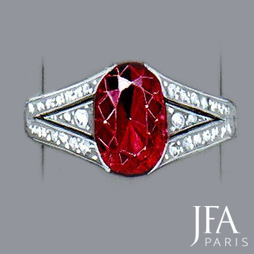 Le luxe du dessin gouaché pour réaliser une belle bague de fiançailles.

Belle bague sertie d'un rubis et de diamants.