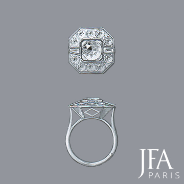 Bague carrée de style Art-Déco sertie de diamants.

Très élègante bague en platine sertie d´un diamant et d´un entourage de diamants .

Nous attirons votre attention sur la qualité des découpes du panier de cette bague.