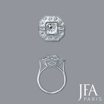 Bague carrée de style Art-Déco sertie de diamants.

Très élègante bague en platine sertie d´un diamant et d´un entourage de diamants .

Nous attirons votre attention sur la qualité des découpes du panier de cette bague.