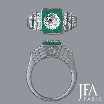 Bague réalisée dans le style Art-Déco sertie en son centre d´un diamant entouré d´émeraudes calibrées, ajustées sur œuvre et de diamants en escalier.