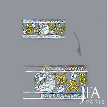 Belle bague feuillage de style Art-Nouveau en or patiné et platine, sertie de diamants.

Fiançailles Art-Nouveau