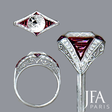 Bague en platine sertie en son centre d'un diamant, entouré de diamants et de rubis calibrés.